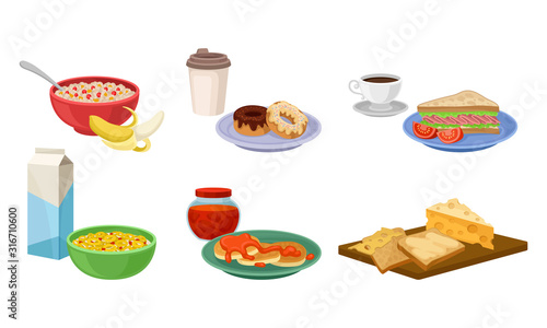 Breakfast Food and Beverages Isolated on White Background Vector Set