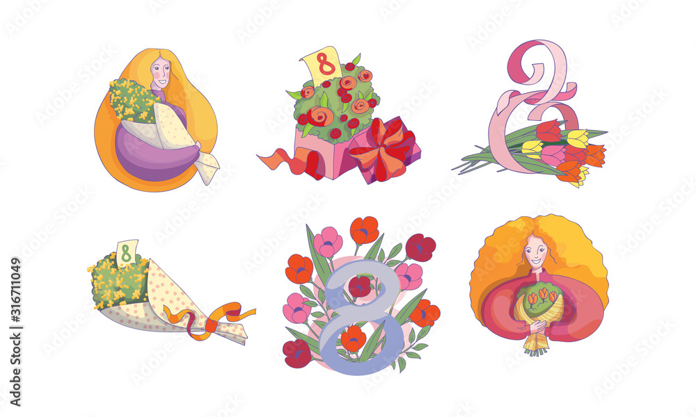International Women Day Decorative Compositions for Holiday Postcard Vector Set