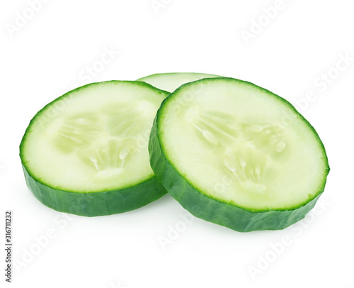 Fresh slice cucumber close-up on white background.