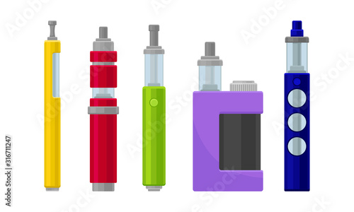 Electronic Cigarettes Vector Set. Metalic E-cigarette Pen Isolated On White Background