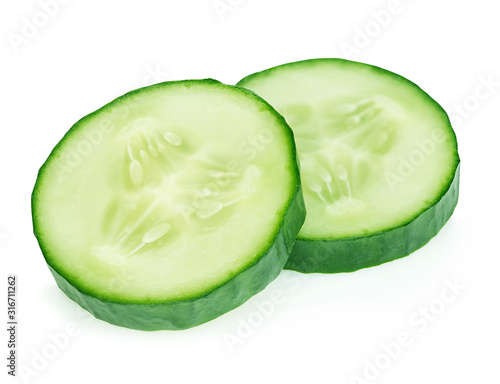 Fresh slice cucumber close-up on white background.