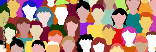 Crowd. Workers group, people in parade or in protest. Flat style. Vector banner background. Social community pattern of diverse people group in modern style