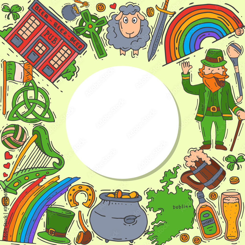 Naklejka premium Ireland symbols doodle set vector illustration. St Patrick s day, shamrock, clover, leprechaun and irish pub are all around a circle text or logo place