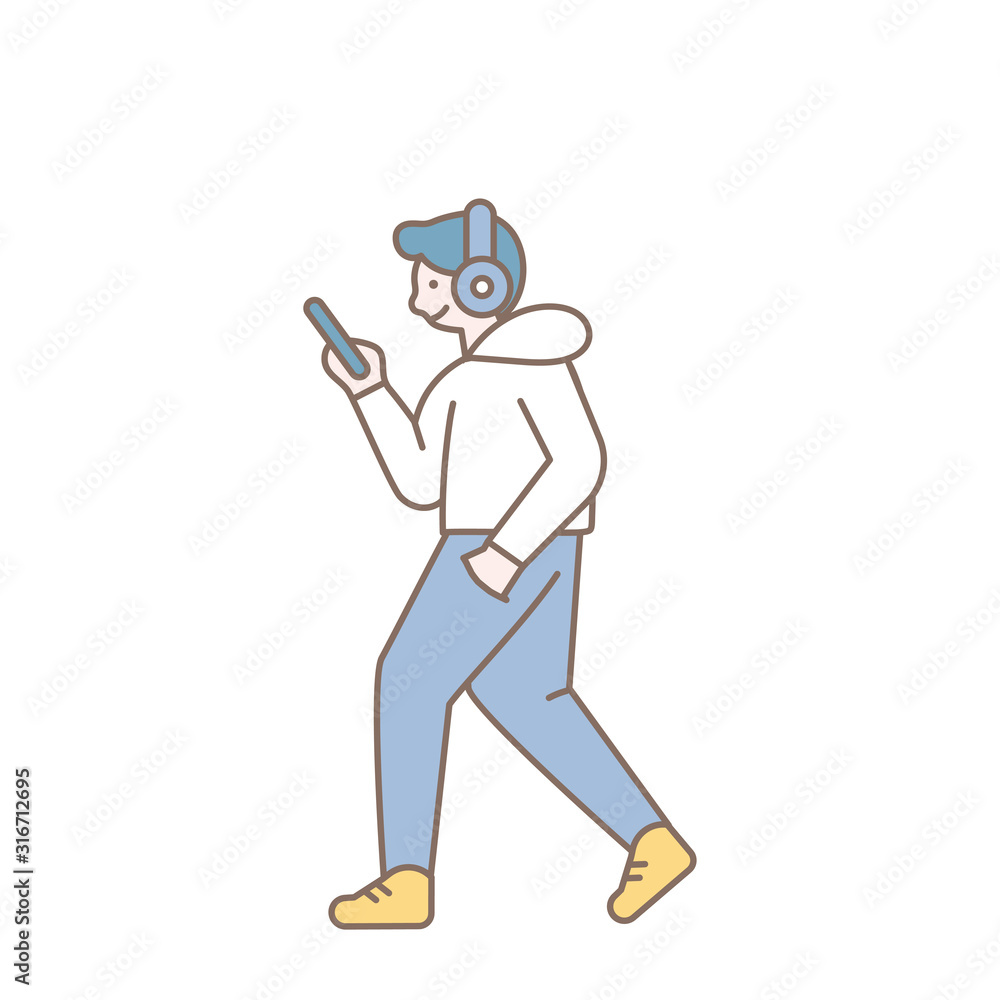 Simple Line art man walking with phone