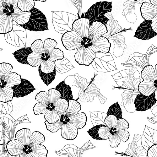 Black and white hand-drawn hibiscus flowers seamless pattern