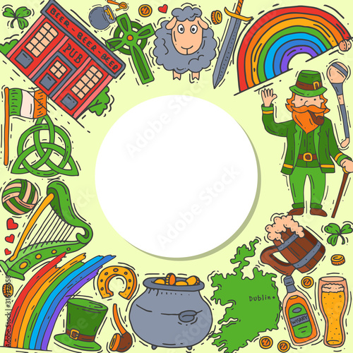 Ireland symbols doodle set vector illustration. St Patrick s day, shamrock, clover, leprechaun and irish pub are all around a circle text or logo place