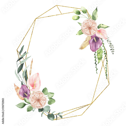 Watercolor Valentines Day floral golden geometrical wreath with calla lily rose greenery leaves isolated on white background. Floral frame bohemian boho illustration for wedding invitation card photo