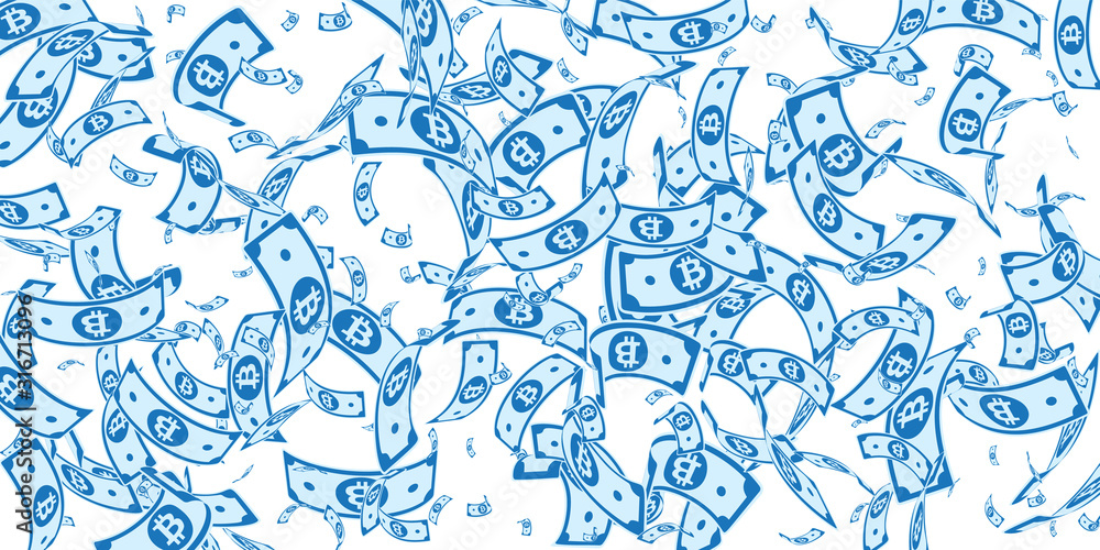 Obraz premium Bitcoin, internet currency notes falling. Random B