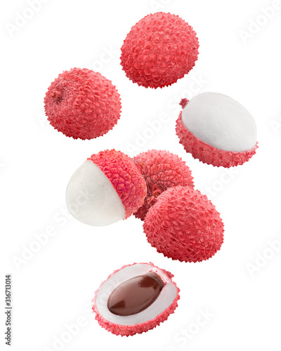 Fotografía Falling lychee, clipping path, isolated on white background, full depth of field