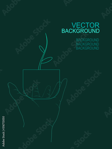The thin line image of the hand holding a plant pot with beautiful young seedlings on a dark green background.