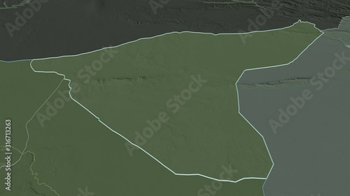 Al Ḥasakah, province with its capital, zoomed and extruded on the administrative map of Syria in the conformal Stereographic projection. Animation 3D photo