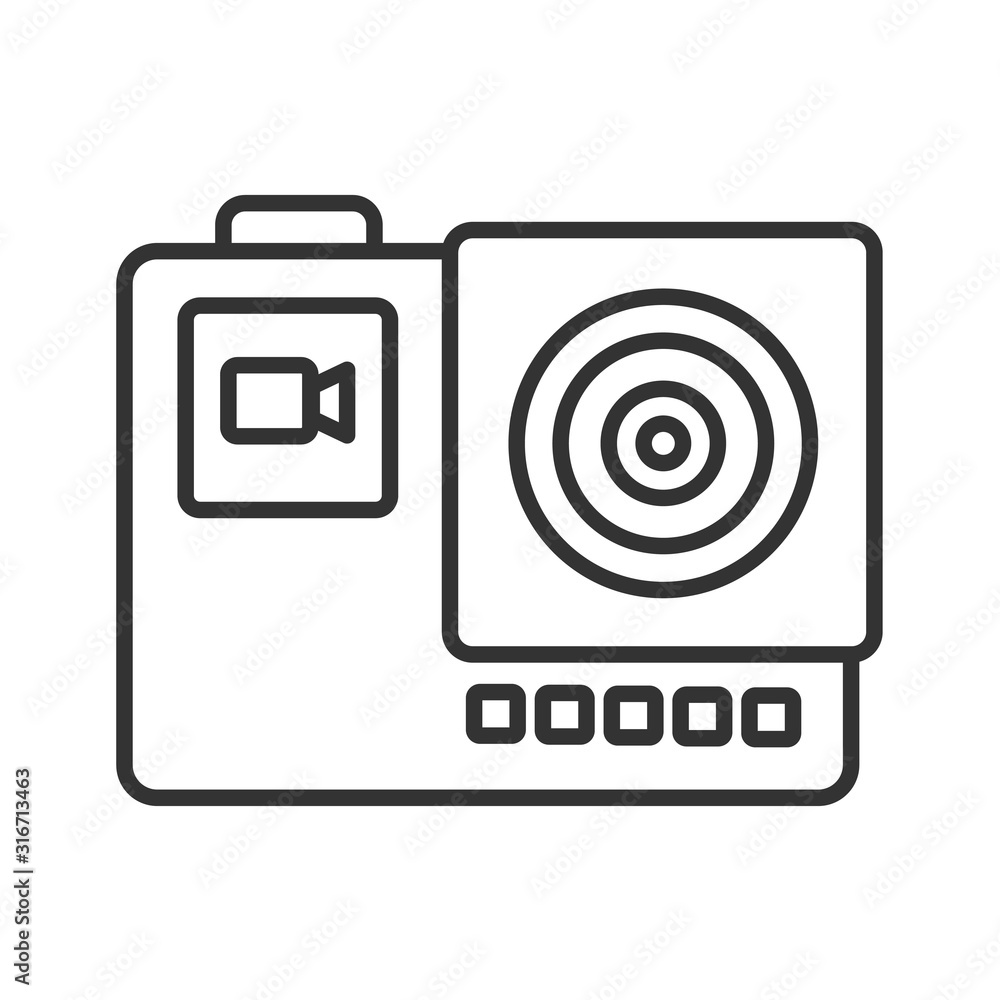 Action camera black line icon. Electronic device concept. Camera for active sports. Pictogram for web page, mobile app, promo. UI UX screen. User interface display. Editable stroke. Action camera black line icon. Electronic device concept. Camera for active sports. Pictogram for web page, mobile app, promo. UI UX screen. User interface display. Editable stroke.