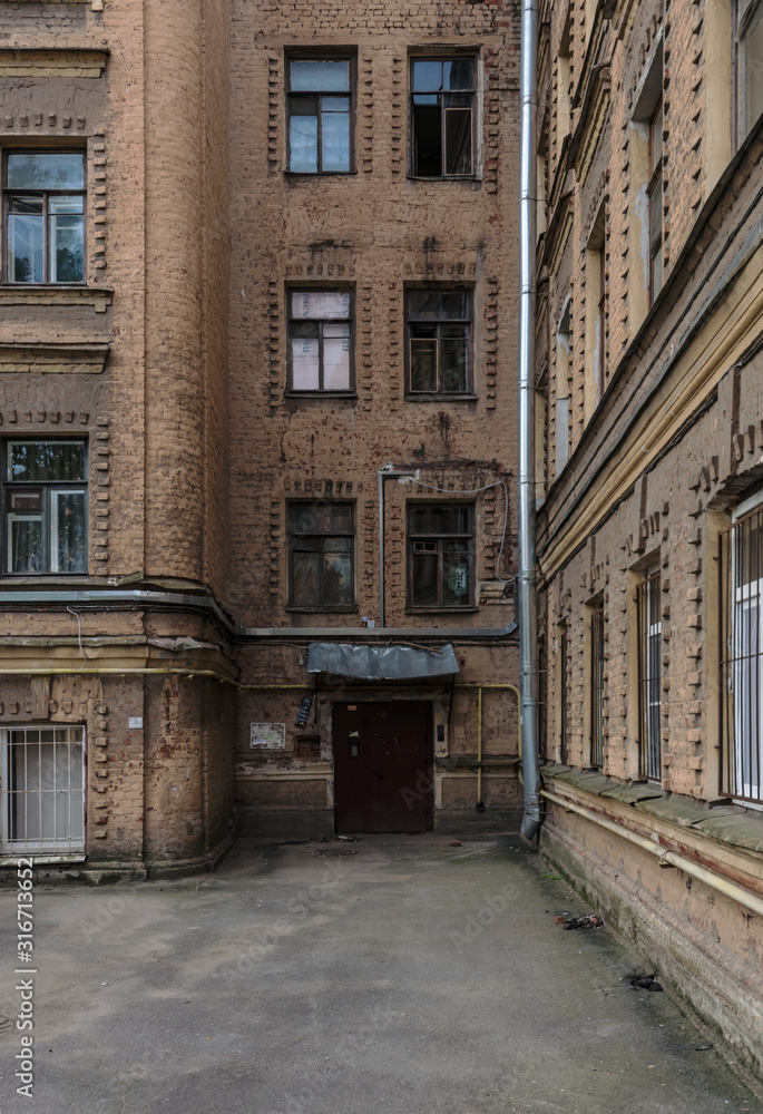 Traditional old yard in Saint-Petersburg, Russia, ancient retro building