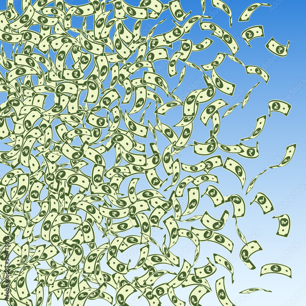 Indian rupee notes falling. Small INR bills on blu Indian rupee notes falling. Small INR bills on blu