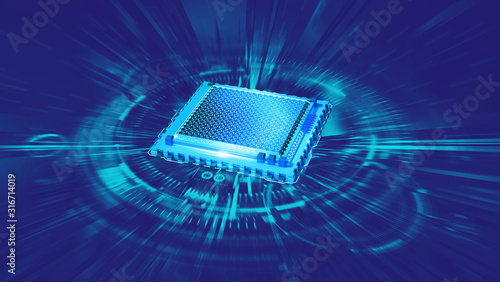 Digital technology, nanoprocessor, CPU 3D illustration. High Tech Innovation. High speed data processing photo