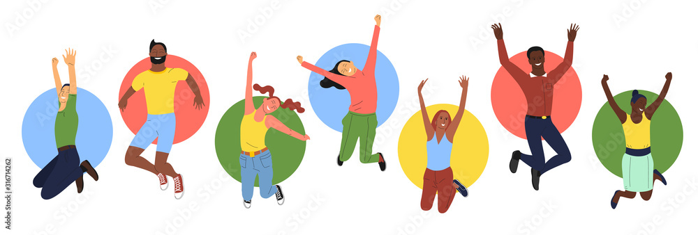 Set of young happy smiling people in jumping poses with colorful circles on background. Set of female and male active people of different ethnicity. Isolated on white. Flat style vector illustration.
