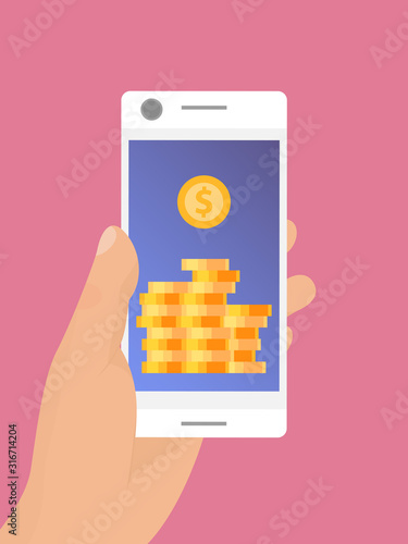 Hand holding mobile smartphone with golden coins on screen vector illustration. Mobile monetization concept. Crypto online commerce