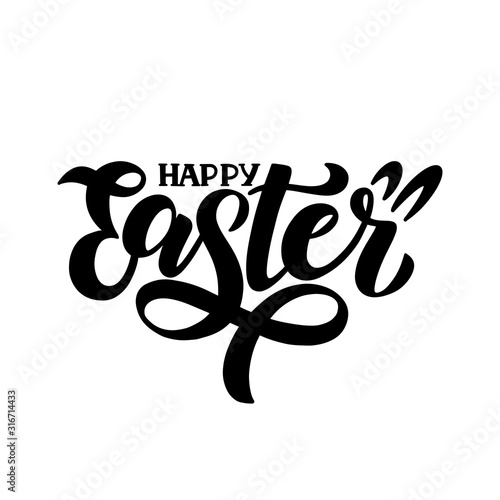 Happy easter lettering logo decorated by rabbit ears. Hand drawn sketch as logotype  print  badge  greeting card template  emblem. Vector illustration EPS 10