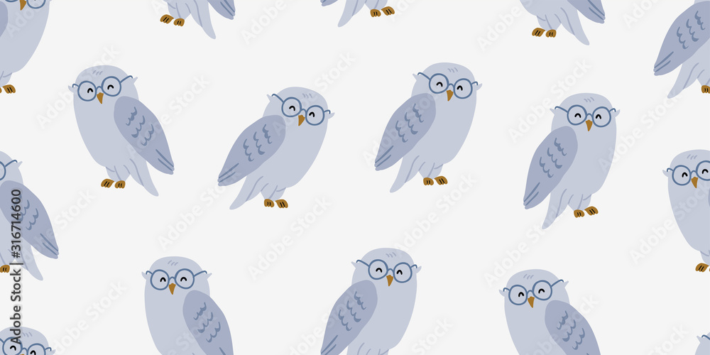 Obraz premium Seamless pattern with cute owl in eyeglasses