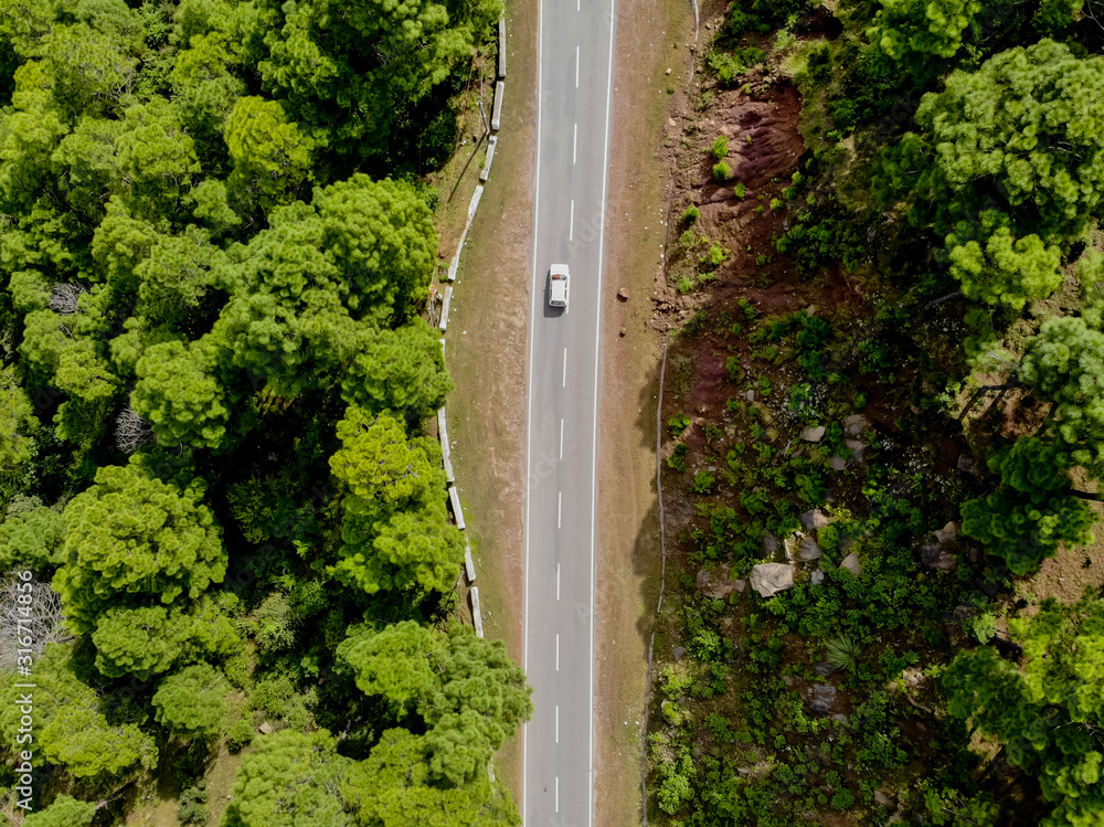 Aerial view of a vehicle on the road through a deep forest. Bird eye view of a Green Forest road. Drone shot. Aerial view of a vehicle on the road through a deep forest. Bird eye view of a Green Forest road. Drone shot.
