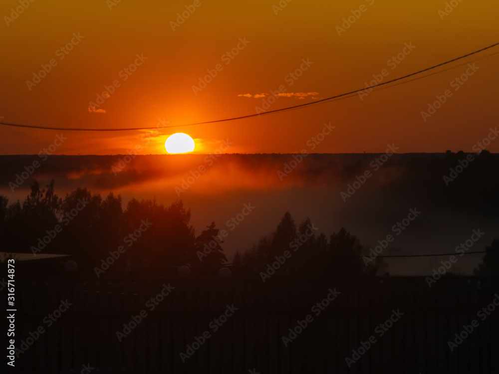 fog over the forest at sunset, Russia fog over the forest at sunset, Russia