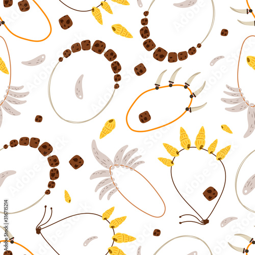 Ancient necklaces of canines and amulets seamless pattern