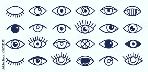 Eye icons. Outline eyelashes and eyes symbols. Ophtalmology signs. Sight, closed and opened organ of vision vector collection