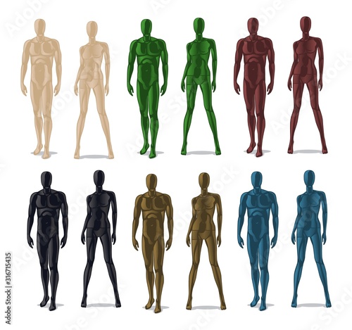 Plastic mannequins. Men and women model dolls for clothes. Isolated colorful dummy for fashion store vector set