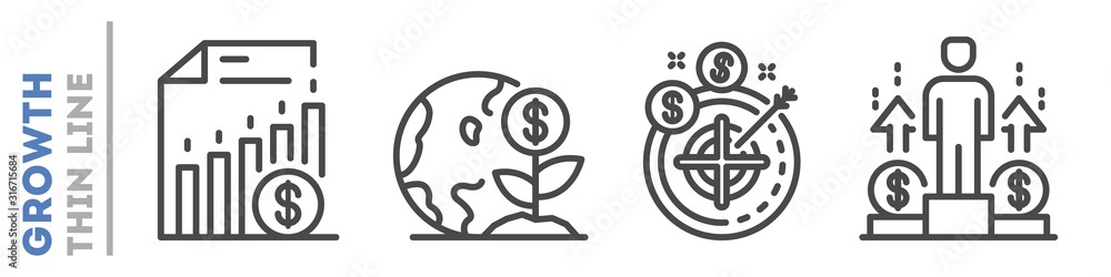 Set of thin line icons about financial or sales growth isolated on white. Outline business development pictograms collection. Success logos. Motivation, profit vector elements for infographic, web. Set of thin line icons about financial or sales growth isolated on white. Outline business development pictograms collection. Success logos. Motivation, profit vector elements for infographic, web.