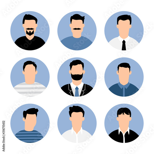 Blue men avatars. People profiles illustrated avatar set, vector business profile types portraits, male social networks icons, gentleman young person faces illustrations