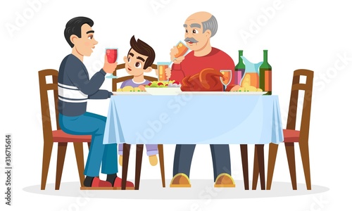 Male part of family small boy, his father or older brother and silver haired grandfather sitting at table, telling about something, eating. Men on gathering. Vector cartoon illustration on white.