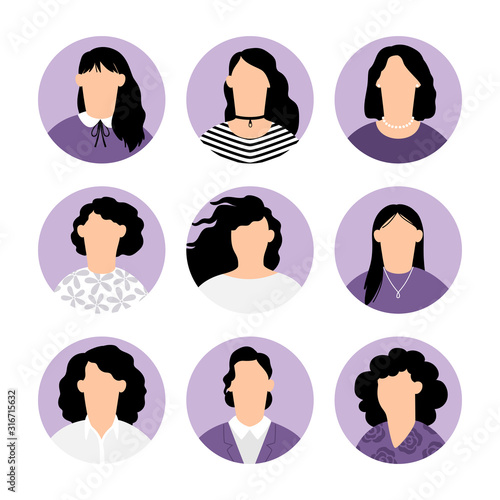 Women faceless avatars. Lilac female human anonymous portraits, woman round vector profile avatar icons, website users head pictures