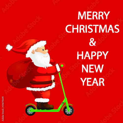 Santa Claus is rides on an electric scooter. Brings gifts. Happy New Year greeting card. Merry Christmas