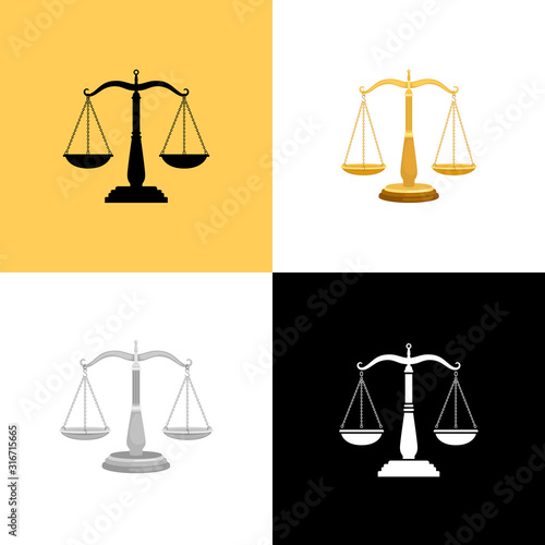 Court scales set. Justice balance symbols and lawyers equality signs, judge scale vector silhouettes, lawfulness and judgement icons