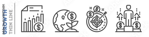 Set of thin line icons about financial or sales growth isolated on white. Outline business development pictograms collection. Success logos. Motivation, profit vector elements for infographic, web.