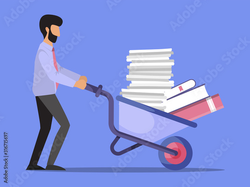 Businessman pushing a wheelbarrow full of paper vector illustration. Office worker pushing a cart with documents. Pile of papers on barrow.