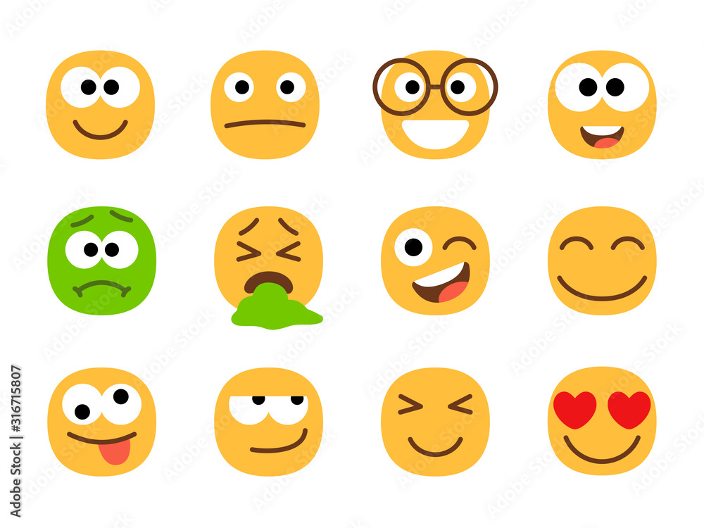 Yellow and green emoticon faces. Smiley emoticons for ui, human emotions faces set, simple negative and positive icons