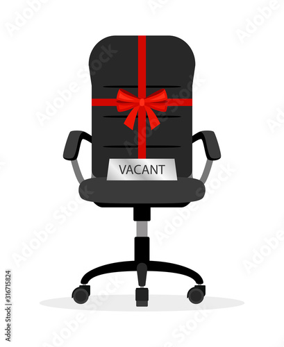 Vacant office chair. Empty office place with red bow, employment recruiting position, recruitment interview seat, staff wanted hunting sign