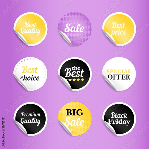 Round best offer sale stickers. Gold and white, black and lilac sticker set, circle badges for best sign or labels for price, colorful offer tags, round shapes promotional marks