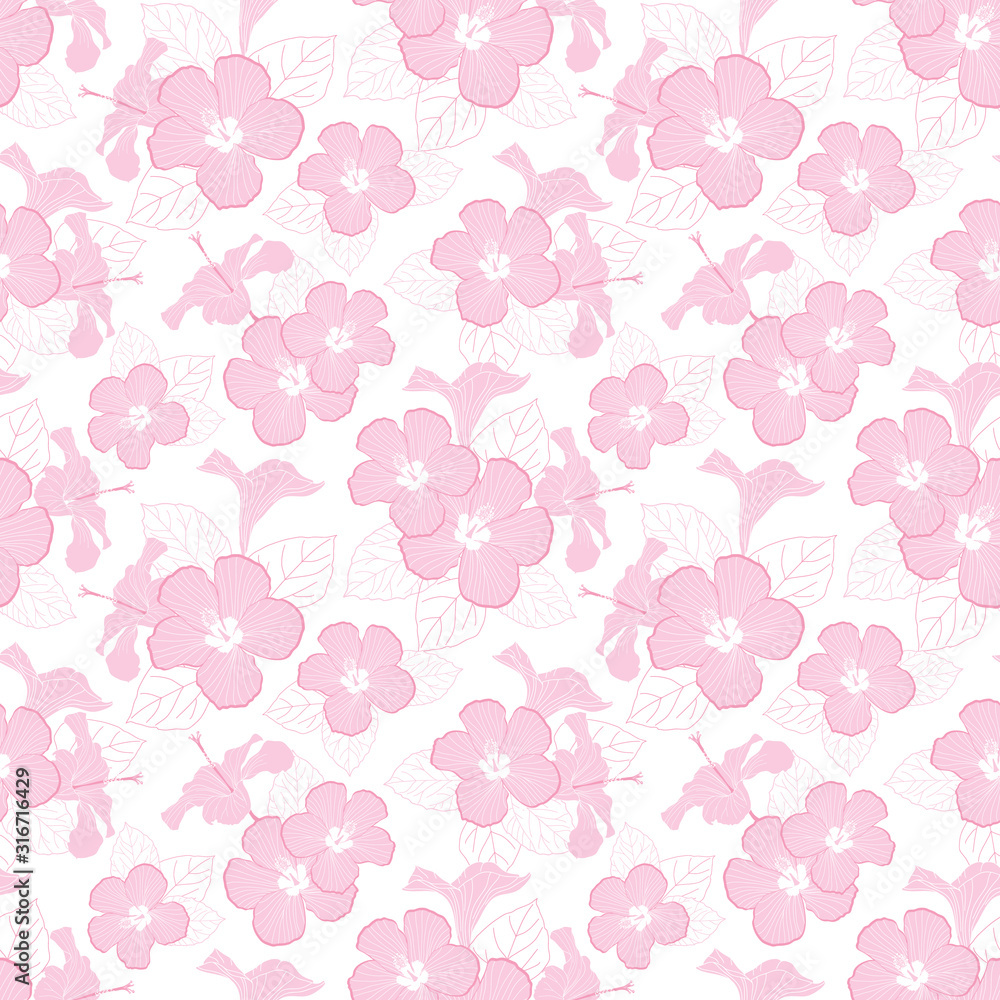 Vector pastel pink hibiscus flowers seamless pattern