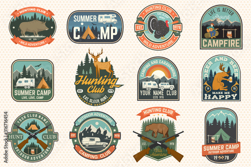 Summer camp and Hunting club patches. Vector. Concept for shirt or logo, print, stamp, patch. Patch design with rv trailer, camping tent, campfire, hunter, man with guitar and forest silhouette
