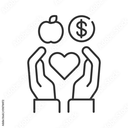 Volunteering black line icon. Non profit community. Charity, humanitarian aid concept. Sign for web page, mobile app, banner, social media. Editatable stroke.