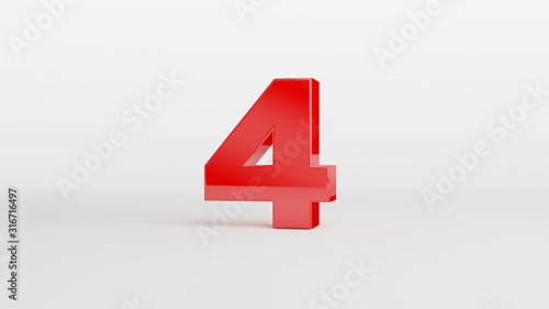 Number 4 in glossy red color on white background, isolated number, 3d render