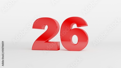 Number 26 in glossy red color on white background, isolated number, 3d render
