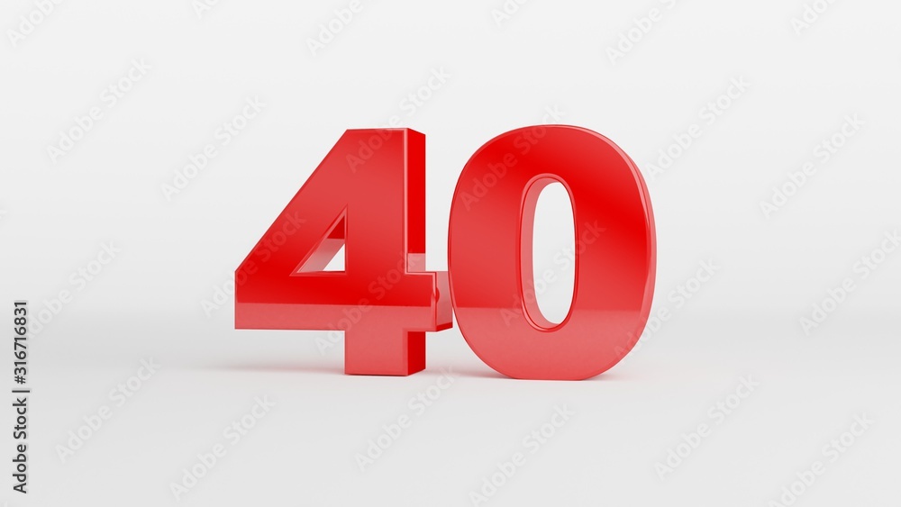 Number 40 in glossy red color on white background, isolated number, 3d render