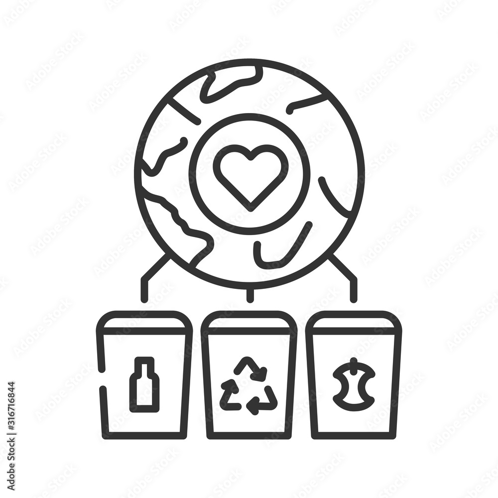Earth and recycling garbage line black icon. Environmental protection