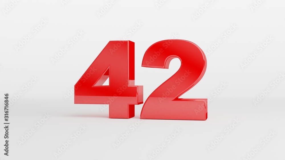 Number 42 in glossy red color on white background, isolated number, 3d render Number 42 in glossy red color on white background, isolated number, 3d render