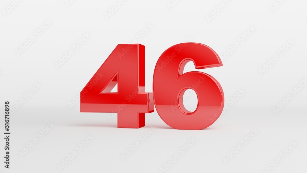 Number 46 in glossy red color on white background, isolated number, 3d render Number 46 in glossy red color on white background, isolated number, 3d render