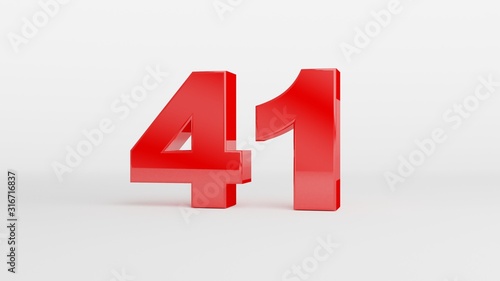 Number 41 in glossy red color on white background, isolated number, 3d render