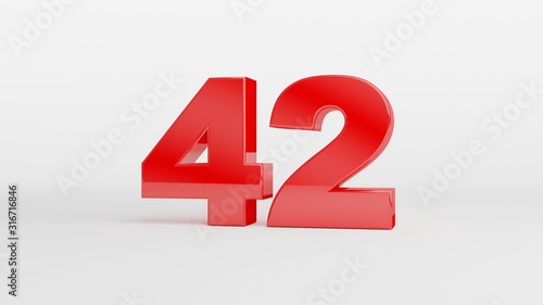 Bild auf Leinwand Number 42 in glossy red color on white background, isolated number, 3d render